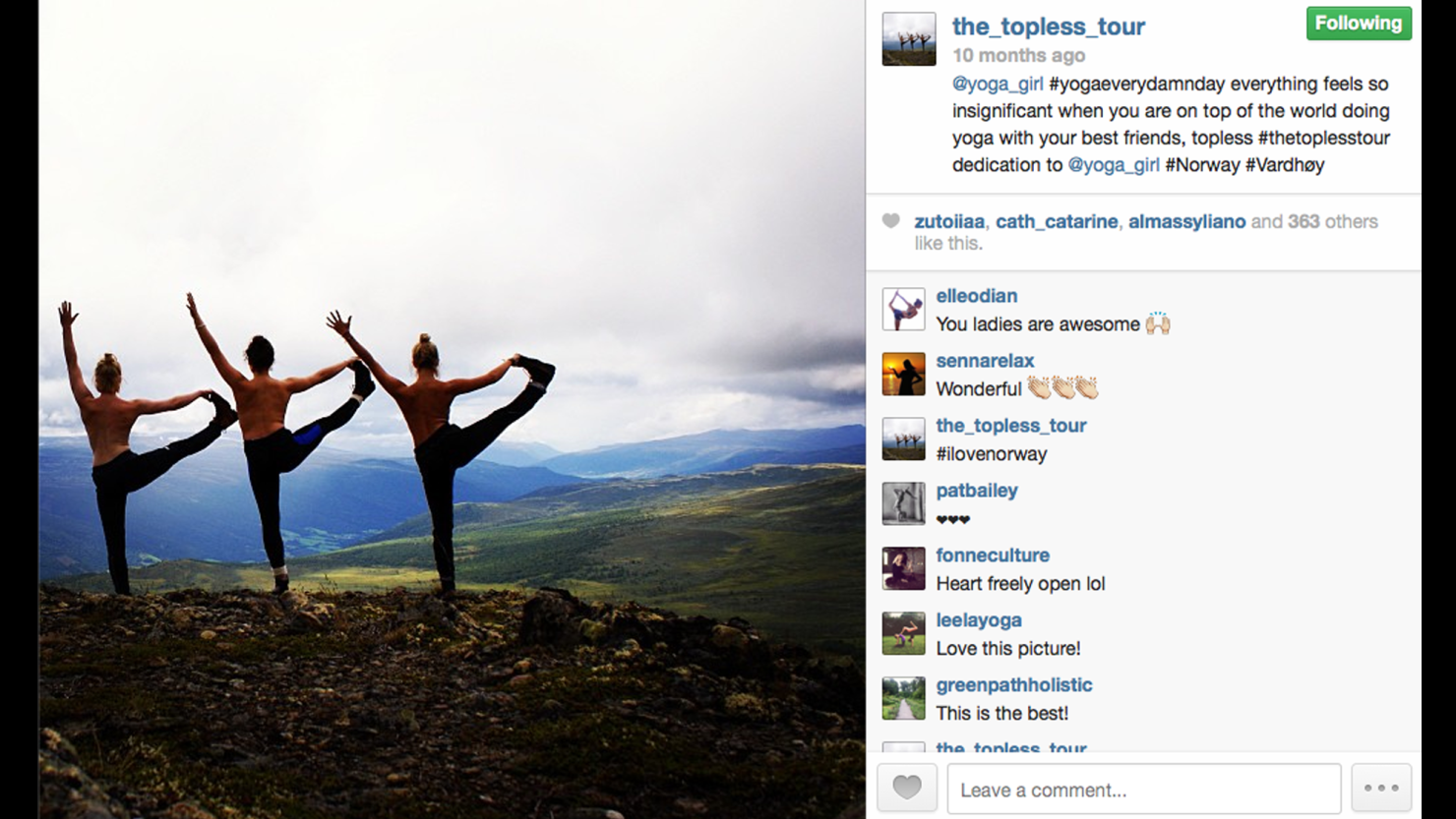 Three friends began documenting their travels by removing their tops and sharing with the world on Instagram.