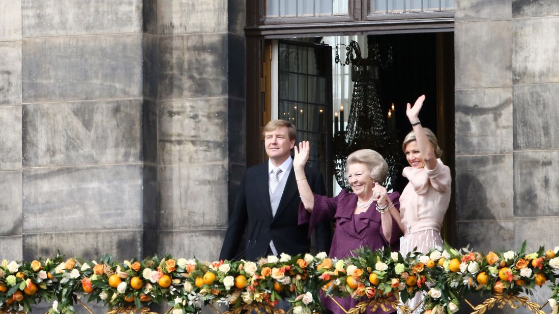 Beatrix of the Netherlands, center, greets the public on the balcony of Amsterdam's Royal Palace after her abdication in April 2013. She spent 33 years as the Dutch Queen before handing over power to son Willem-Alexander, left.
