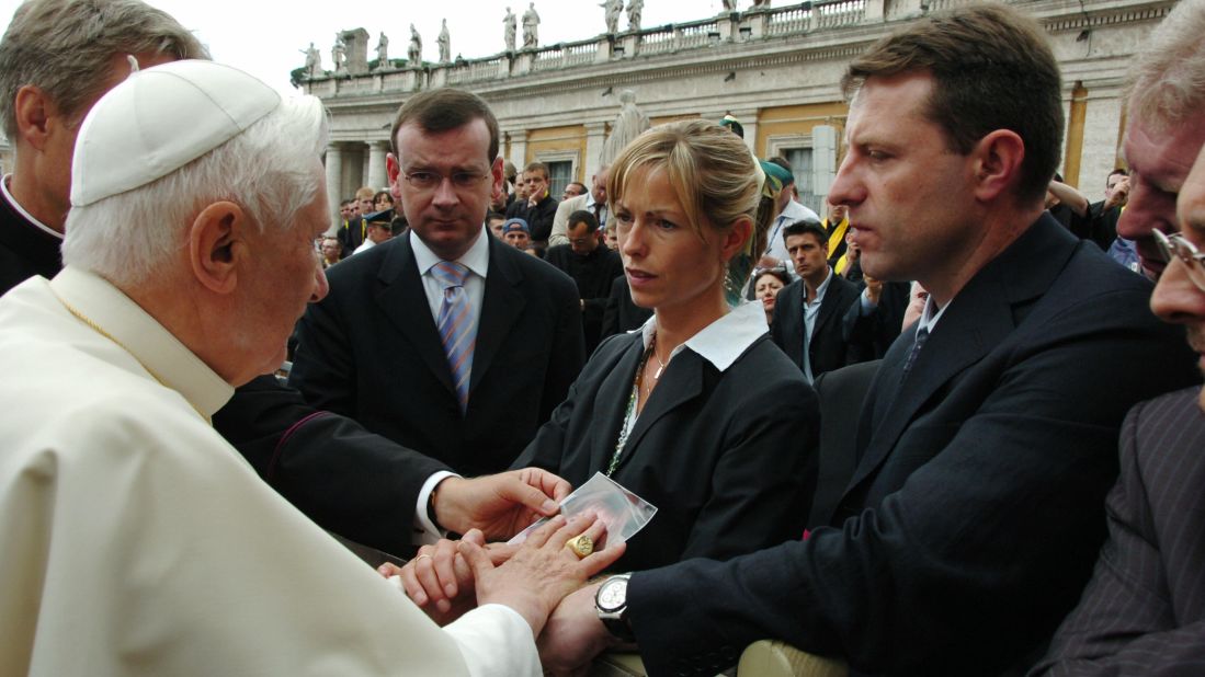 Gerry and Kate McCann speak with Pope Benedict XVI in Saint Peter's Square in May 2007.