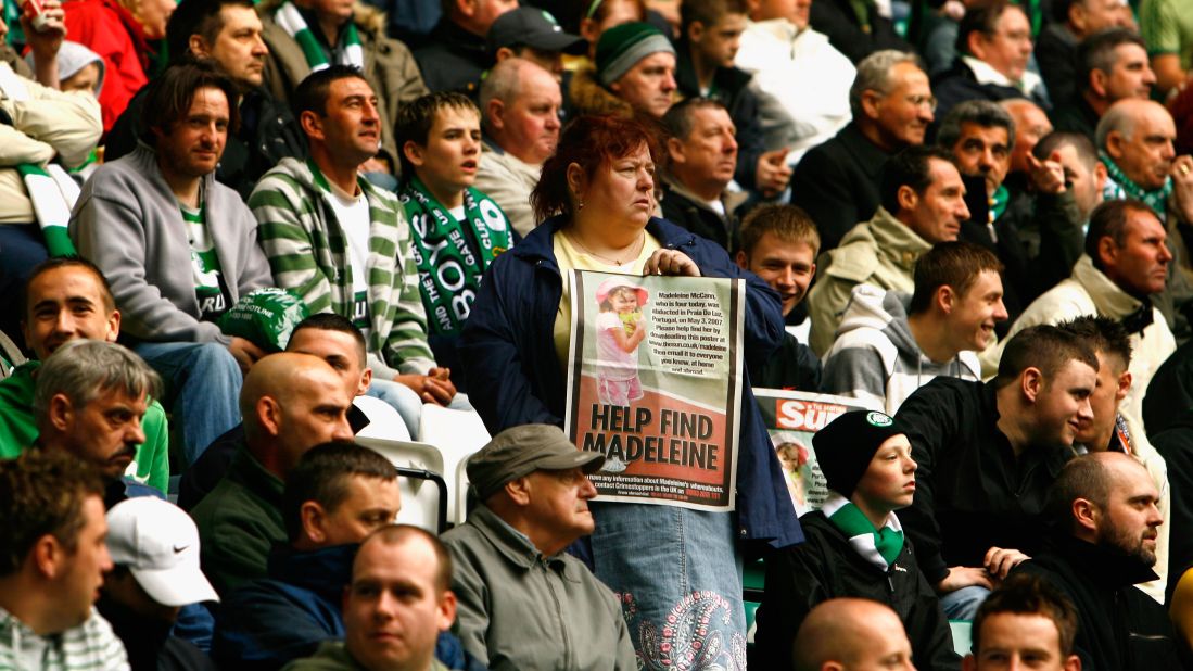 Philomena McCann, Madeleine's aunt, hands out posters inside Celtic Park in Glasgow, Scotland, in May 2007.