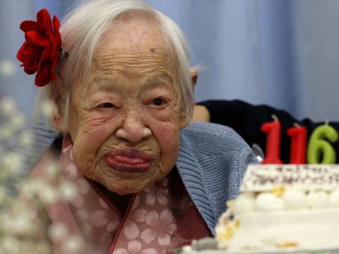 Misao Okawa of Osaka, Japan, was 117 when she died April 1, 2015. She was the world's oldest person at the time, according to Guinness World Records. She was born on March 5, 1898, and had three children. Her husband died in 1931. She kept in shape throughout much of her life, saying that helped her live so long; at 102, she said she did leg squats to keep healthy. She didn't start using a wheelchair until she turned 110.
