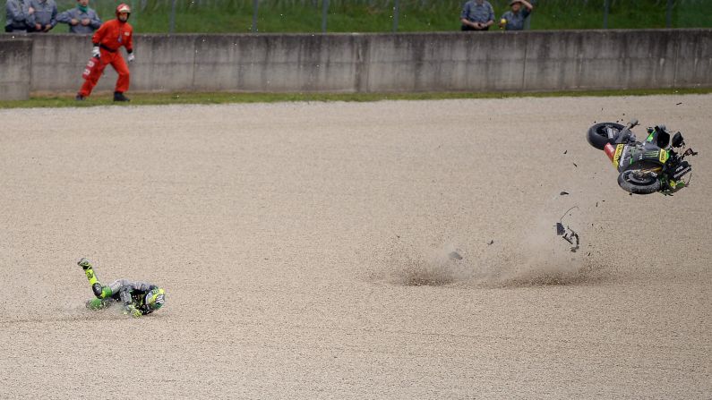 MotoGP rider Pol Espargaro crashes during a practice session for the Italian Grand Prix on Friday, May 30. He wasn't injured, and he went on to finish fifth in the race two days later.
