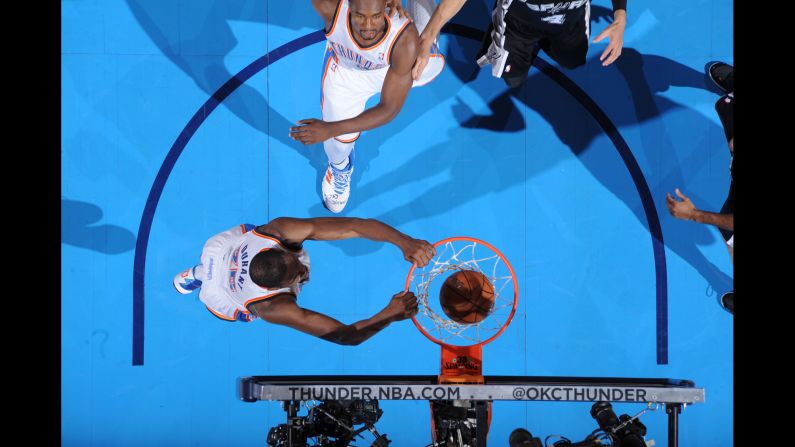 Kevin Durant of the Oklahoma City Thunder throws down a dunk during Game 4 of the NBA's Western Conference finals on Tuesday, May 27. The Thunder won the game but lost the series to the San Antonio Spurs, who will play in the NBA Finals for the second consecutive season.