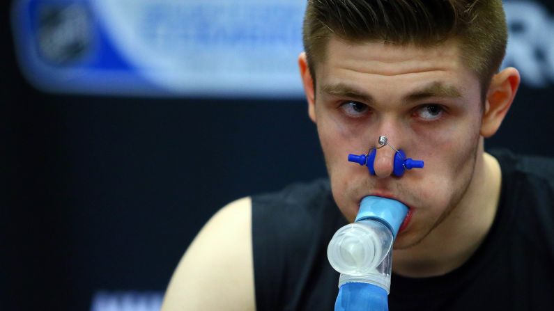 Hockey prospect Leon Draisaitl does the VO2 Max test at the NHL Combine on Saturday, May 31, in Toronto. The test, which takes place on a stationary bike, measures players' aerobic capacity.