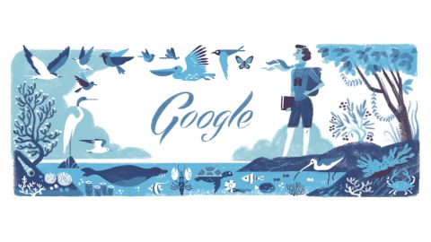 One of the first animated Doodles celebrated marine biologist and conservationist Rachel Louise Carson's 107th birthday on May 27, 2014.