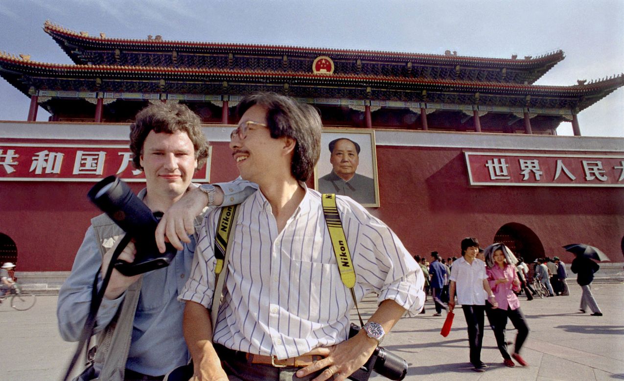 Widener, left, poses with fellow photojournalist Liu Heung-Shing at Tiananmen Square in May 1989. "This might be the final chapter for me," he said in 2014. "I can't keep doing this story for the rest of my life. I've done my bit to tell the story."