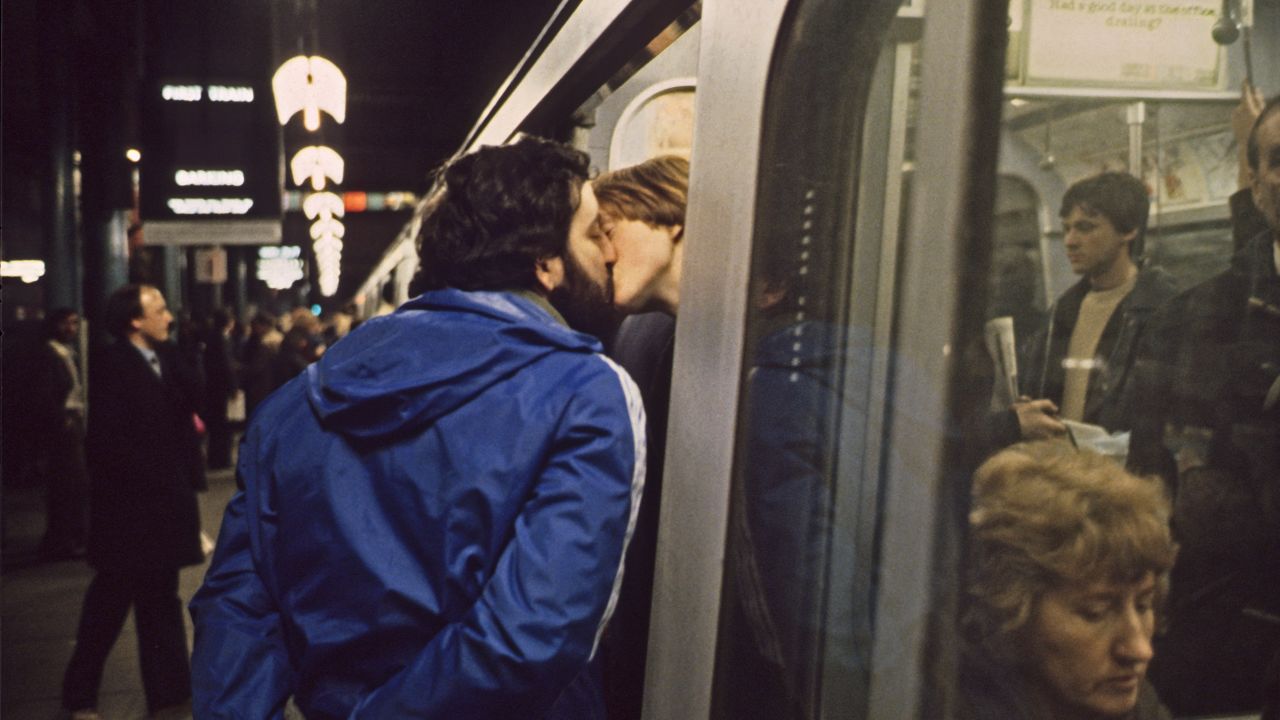 Many of Mazzer's images capture intimate moments, such as this kiss before the doors close on a tube in Baker Street. "What drew me to it was the contrast between him and her," Mazzer says. "He seemed completely disinterested," while she was "really kissing him."