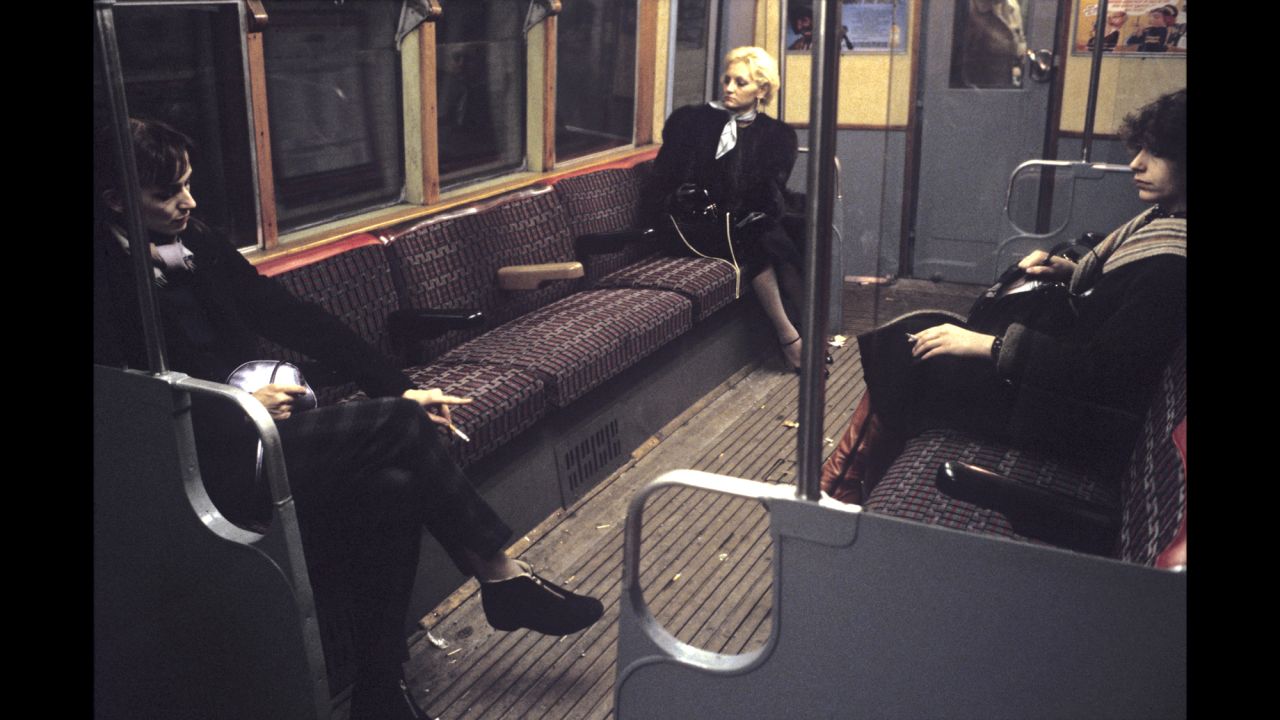 The underground has evolved from a place where you could smoke and drink, to the bright lights of today. Forty years ago, they were "pretty grotty and the stations were rough," Mazzer says. This, image from the early '80s, appealed to Mazzer because of the seating arrangement. "They were sitting as far away from each other as possible."