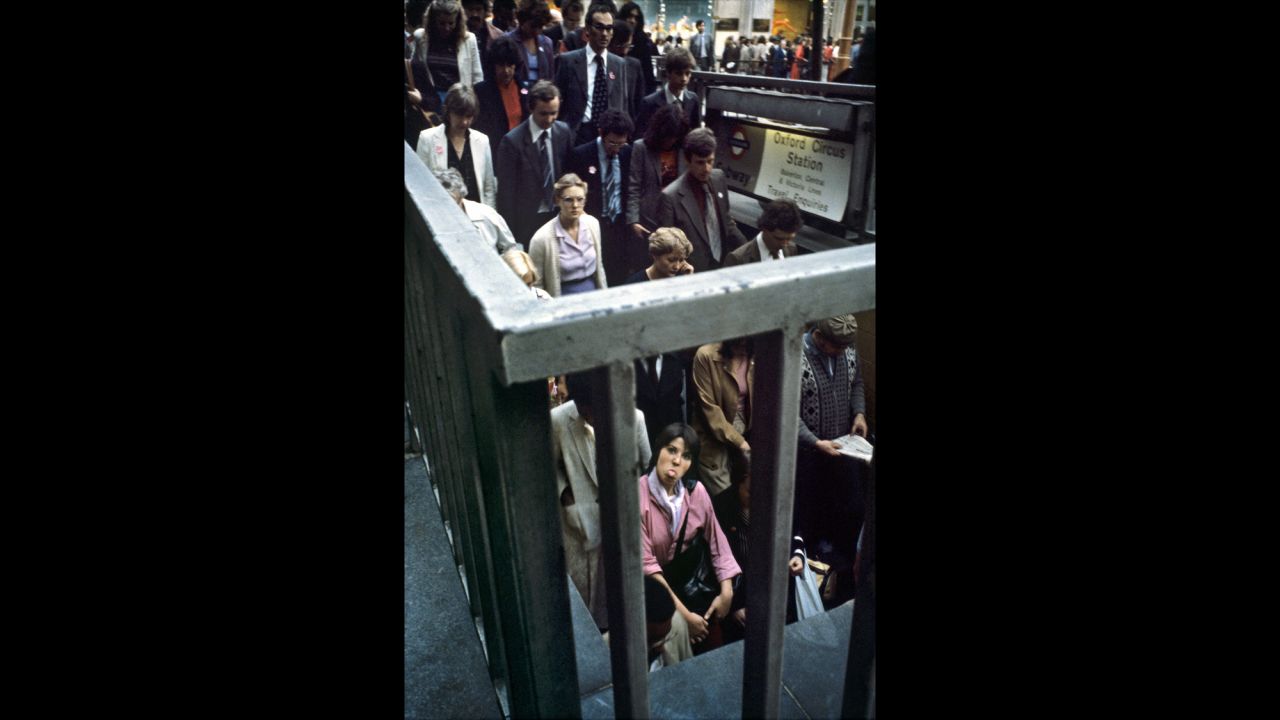 This image was taken outside the Oxford Circus tube station, in central London. Mazzer recalls thinking "thank you" for this woman, in her pink coat, for suddenly poking her tongue out as people poured "like ants" down into the underground.