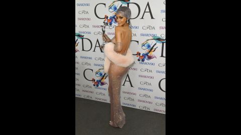 Is it any shock that Rihanna showed up in a see-through dress to receive a Fashion Icon award at the 2014 CFDA fashion awards? After all, she has a perfume called Nude. (You can search around for the more explicit pics, as we are a family-friendly site.)