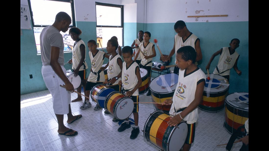The Olodum cultural group and school of percussion is based in Salvador. "From the time kids here are very young, they play drums," says Gabi Guedes, one of Bahia's top percussionists.