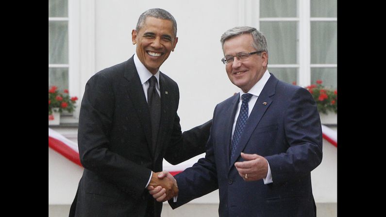 Komorowski welcomes Obama at his residence in Warsaw on June 3. Obama hailed Poland as "one of our great friends and one of our strongest allies in the world."