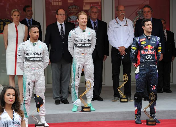Smiles were also in short supply on the podium after Rosberg (center) held off Hamilton to win and retake the lead in the 2014 championship.