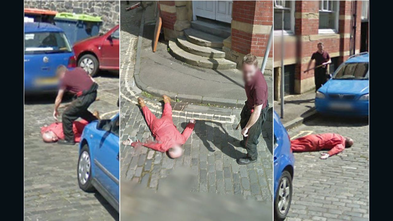 Gary Kerr stands over Dan Thompson in this series of Google Street View images snapped in 2012.