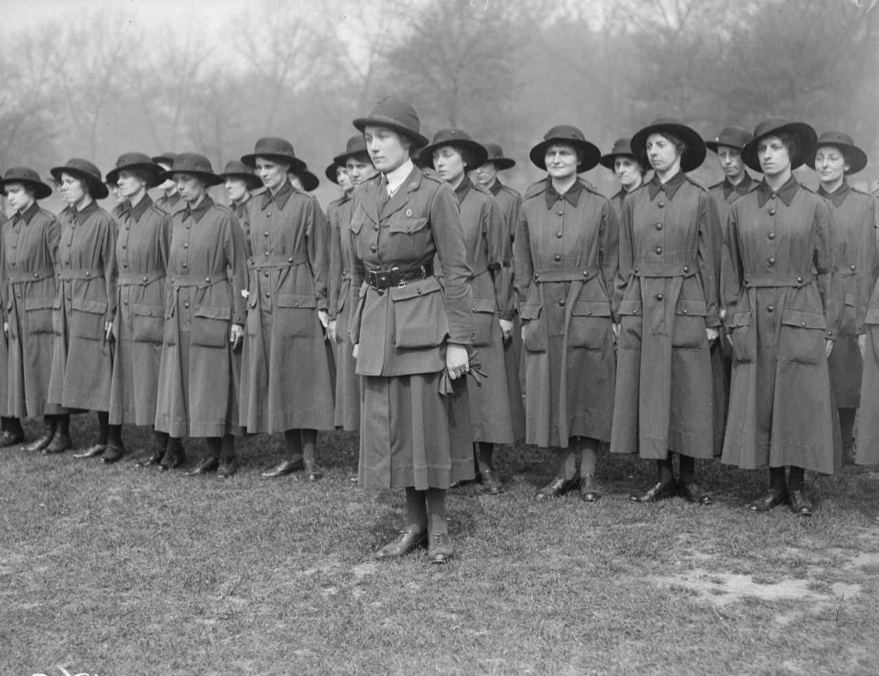Female army recruits from the United Kingdom are seen during drills in May 1917. World War I broke down barriers between military and civilian life. With the men away in battle, women took on an extraordinary role in support of the war, whether it was on the front lines or at home in factories and farms.
