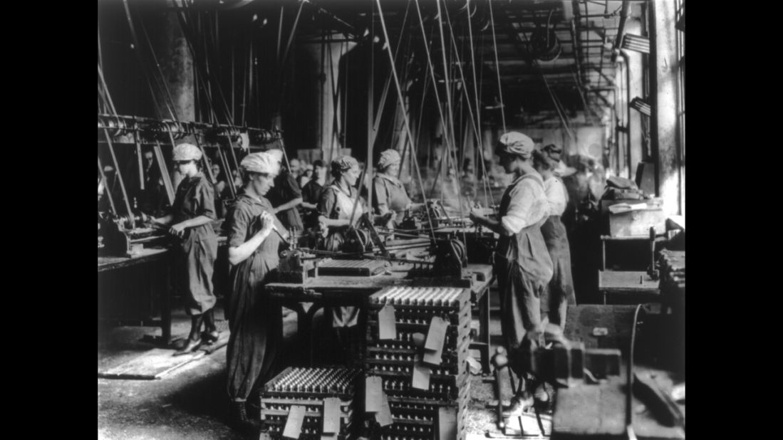 Women work at the Gray & Davis Co. ordnance factory in Cambridge, Massachusetts. Munitions workers faced harsh working conditions that were sometimes lethal, such as in the Barnbow National Factory explosion that killed 35 near Leeds, England.
