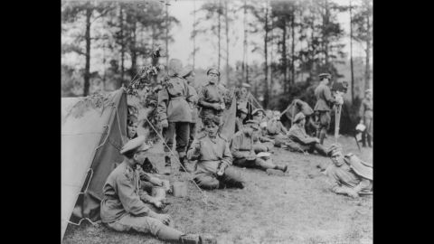 A Russian women's regiment from Petrograd (now St. Petersburg) relaxes in front of its tents. Women across the globe would serve directly on the battlefields, with many serving as nurses, ambulance drivers and cooks.