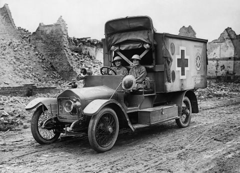 Mairi Chisholm and Elsie Knocker drive an ambulance in July 1917. The two British women ran a first-aid post in Belgium only 100 yards from the trenches.