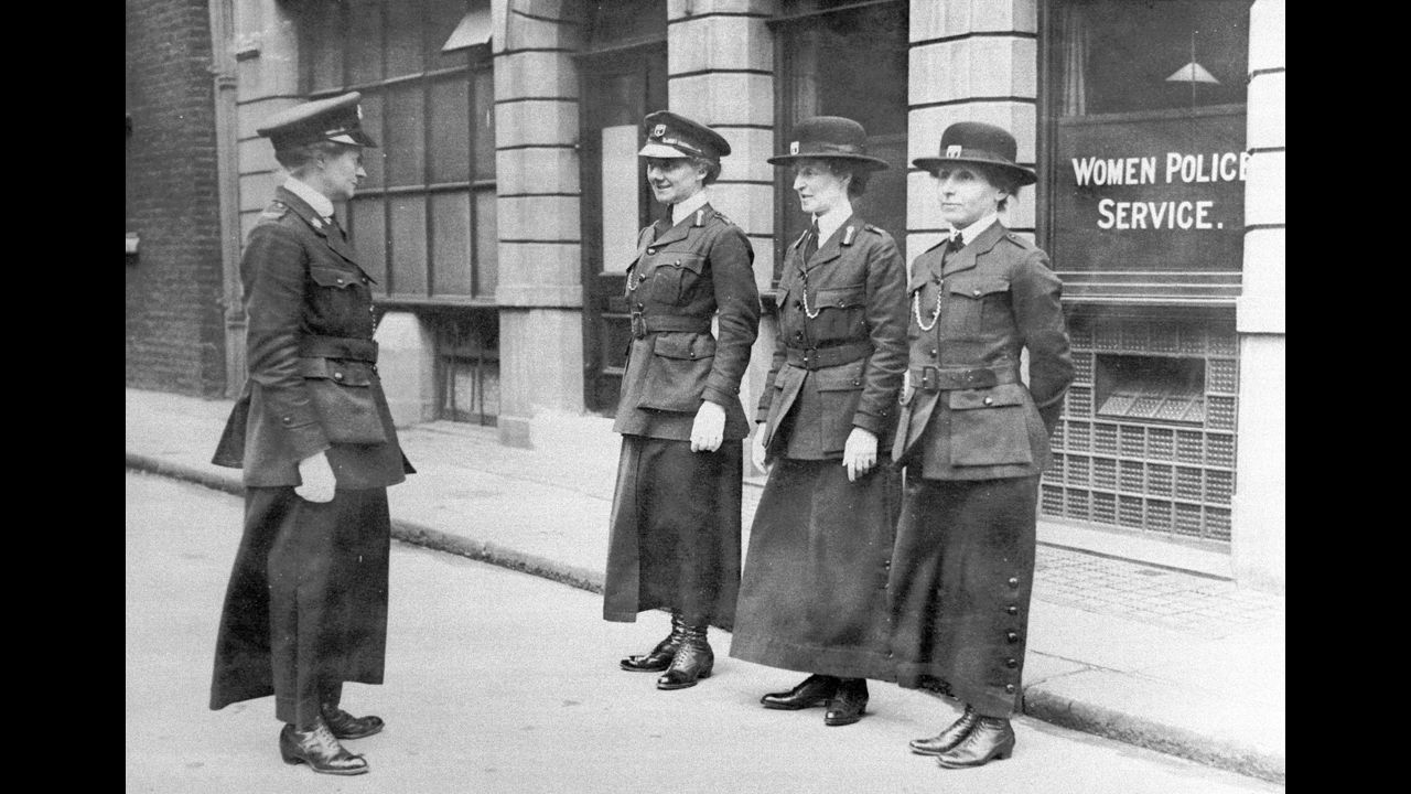 Mary Sophia Allen inspects policewomen in London in May 1915. Before the war, Allen had been imprisoned three times for her activism as a suffragette. She turned down an offer of wartime service with a Needlework Guild to become the second in command of the Women Police Service.