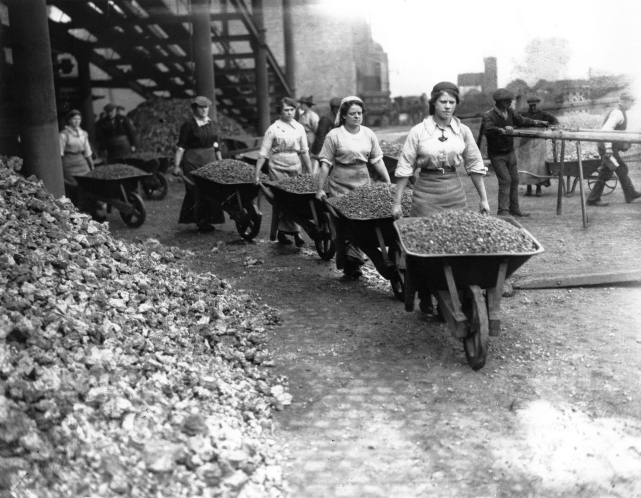 Women "navvies" work on railway building in Coventry, England.