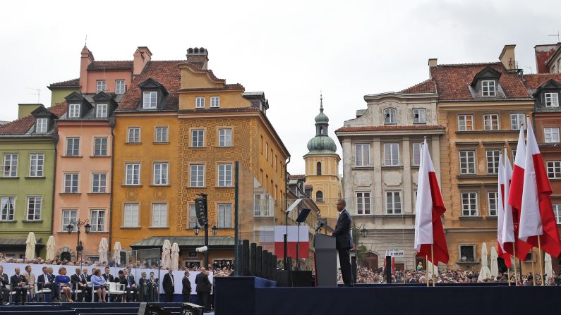 Obama speaks at the 25th anniversary celebrations in Warsaw on June 4. Poland's historic election, led by the Solidarity movement in 1989, "was the beginning of the end of communism -- in this country and across Europe," Obama said.