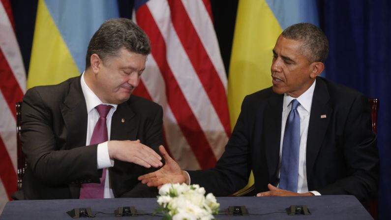 Obama meets with Ukrainian President-elect Petro Poroshenko in Warsaw on June 4. Obama voiced his support for Poroshenko and called for the international community to "stand solidly behind" him as his government tries to quell a pro-Russian separatist uprising in the country's east.