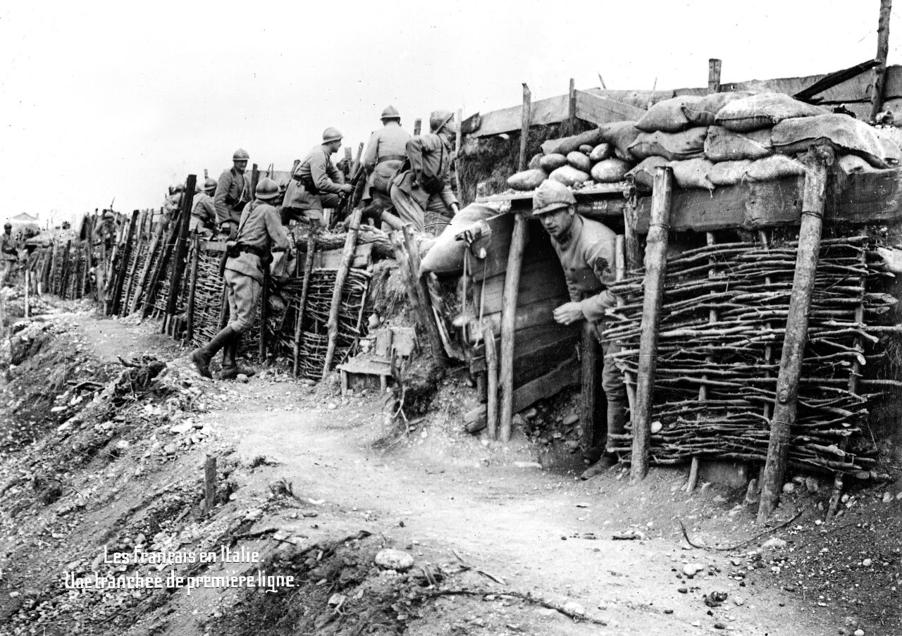 French soldiers are seen at a front-line trench in Italy. During World War I, the Allied Powers consisted of Belgium, France, Great Britain, Greece, Italy, Montenegro, Portugal, Romania, Russia, Serbia and the United States. The Central Powers consisted of Austria-Hungary, Bulgaria, Germany, and Ottoman Empire (now Turkey).