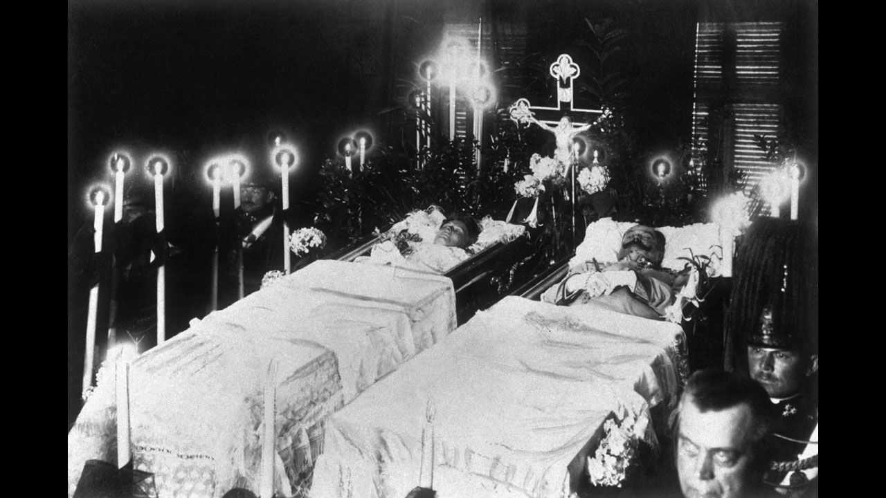 The bodies of Austria-Hungary Archduke Franz Ferdinand and his wife, Sophie, Duchess of Hohenberg, are seen after their assassination by Serbian nationalist Gavrilo Princip on June 28, 1914. The assassination led Austria-Hungary to declare war on Serbia, starting a chain of events that would gradually bring other nations into the fray.