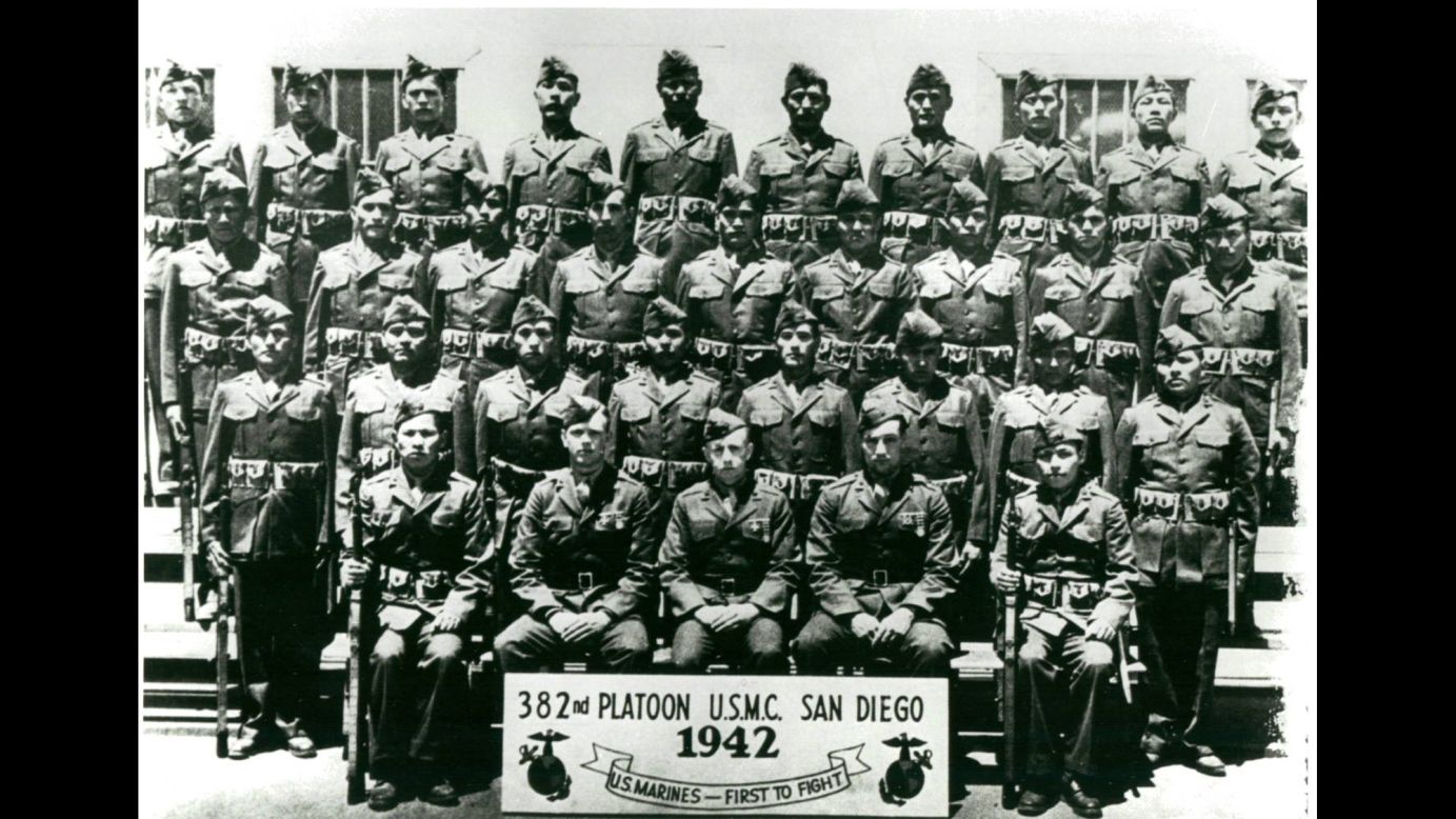 Nez, standing front left, poses for a portrait with the first group of Navajo code talkers in San Diego in 1942.