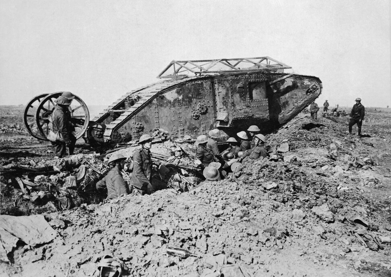 A British tank is stranded while crossing a trench during the Battle of the Somme on September 25, 1918. 