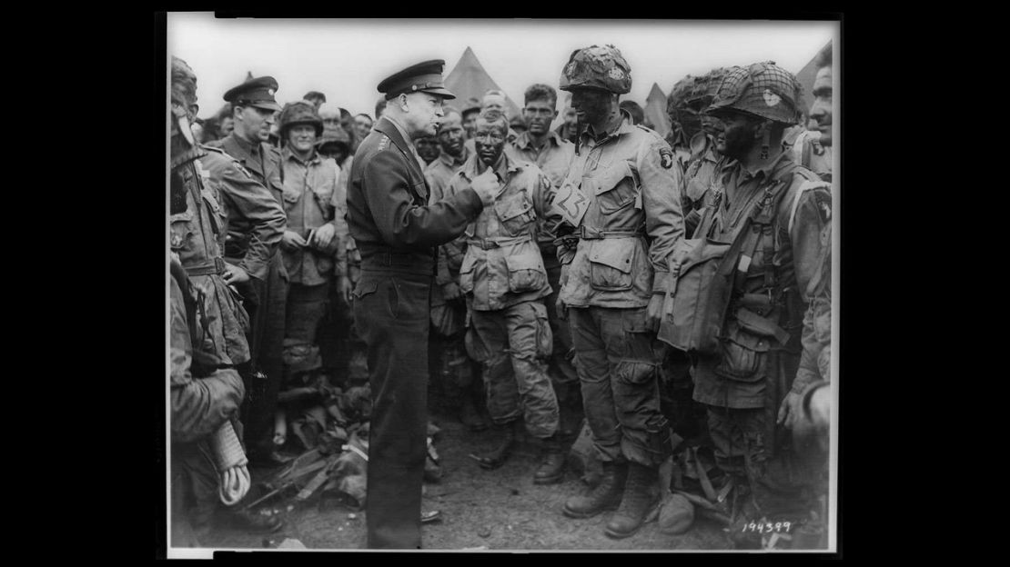 Eisenhower speaks with U.S. Army paratroopers in England just before they were deployed to land behind enemy lines on D-Day.