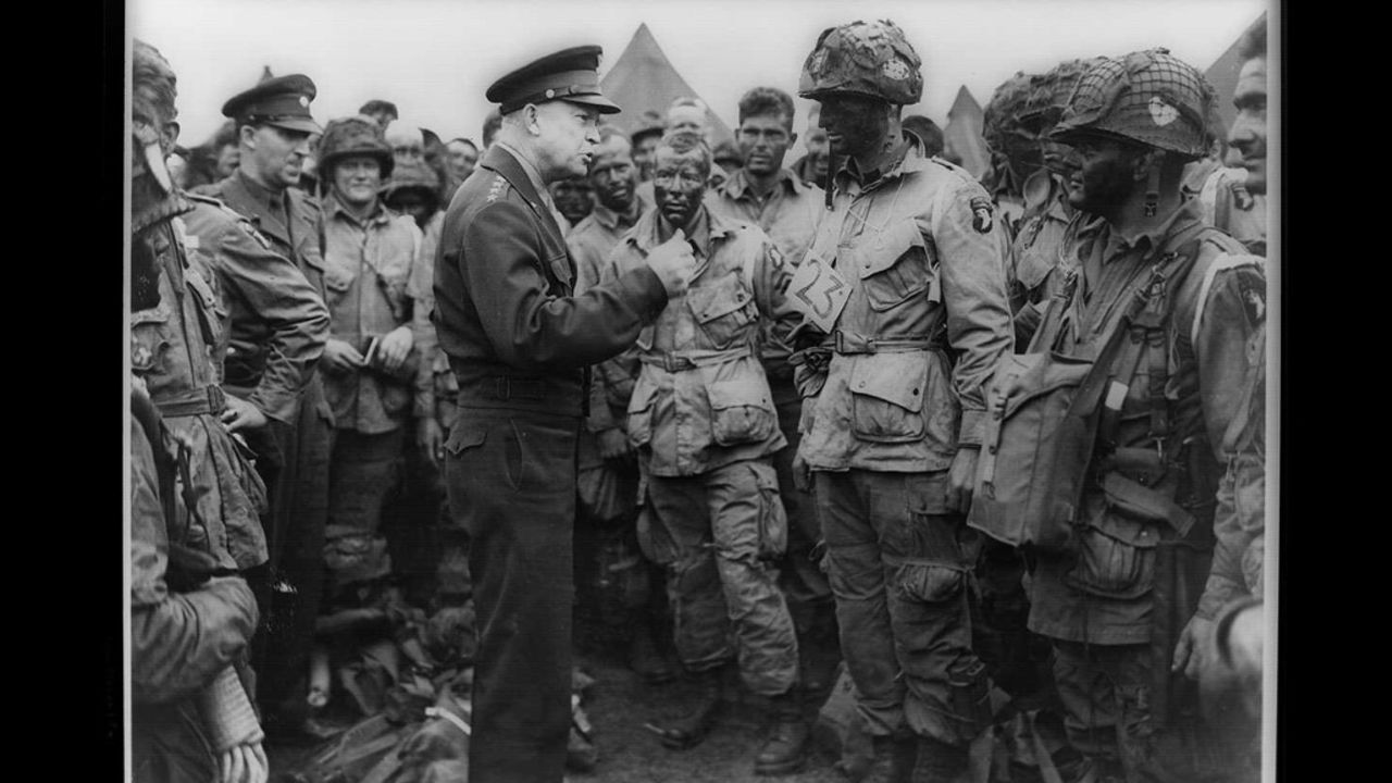 Eisenhower speaks with U.S. Army paratroopers in England just before they were deployed to land behind enemy lines on D-Day.