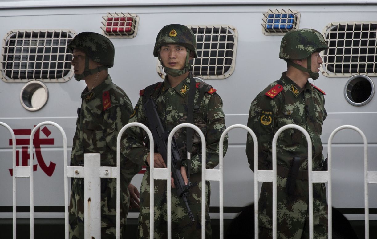 Chinese paramilitary police officers in uniform stood guard near Tiananmen Square on June 4. Beijing clamped down on any potential dissent ahead of the anniversary, detaining dozens of activists.
