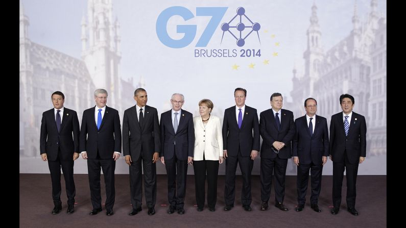 The G7 heads of state pose for a group photo with the presidents of the European Council and the European Commission during the second day of their meeting in Brussels on June 5.