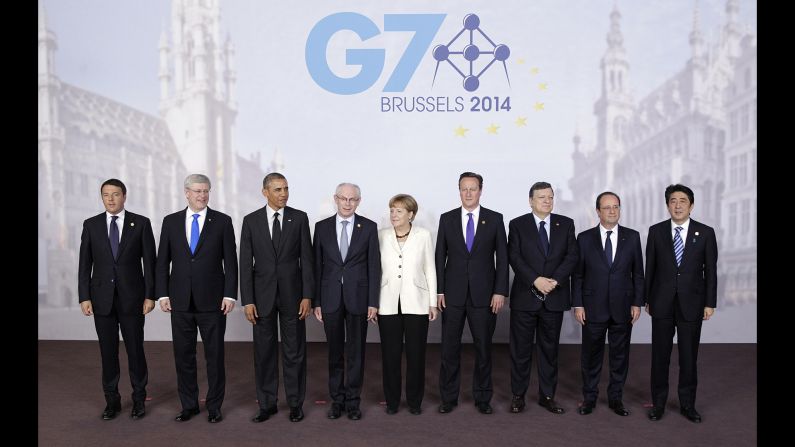 The G7 heads of state pose for a group photo with the presidents of the European Council and the European Commission during the second day of their meeting in Brussels on June 5.