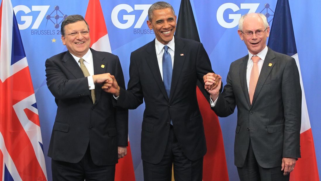 European Commission President Jose Manuel Barroso, left, and European Council President Herman Van Rompuy welcome Obama at the G7 meeting in Brussels on Wednesday, June 4.