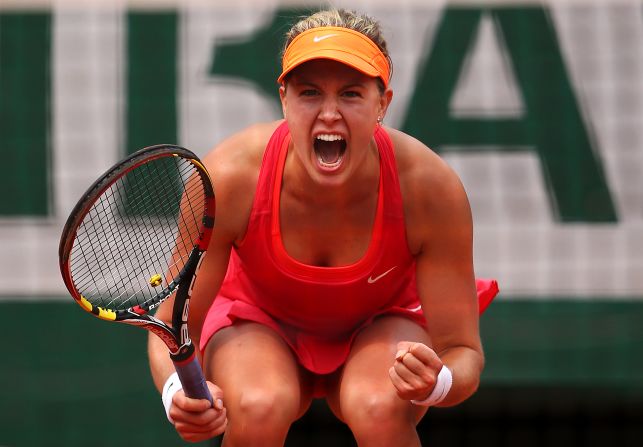 Bouchard celebrates a winning point during her battling semifinal performance against Sharapova.