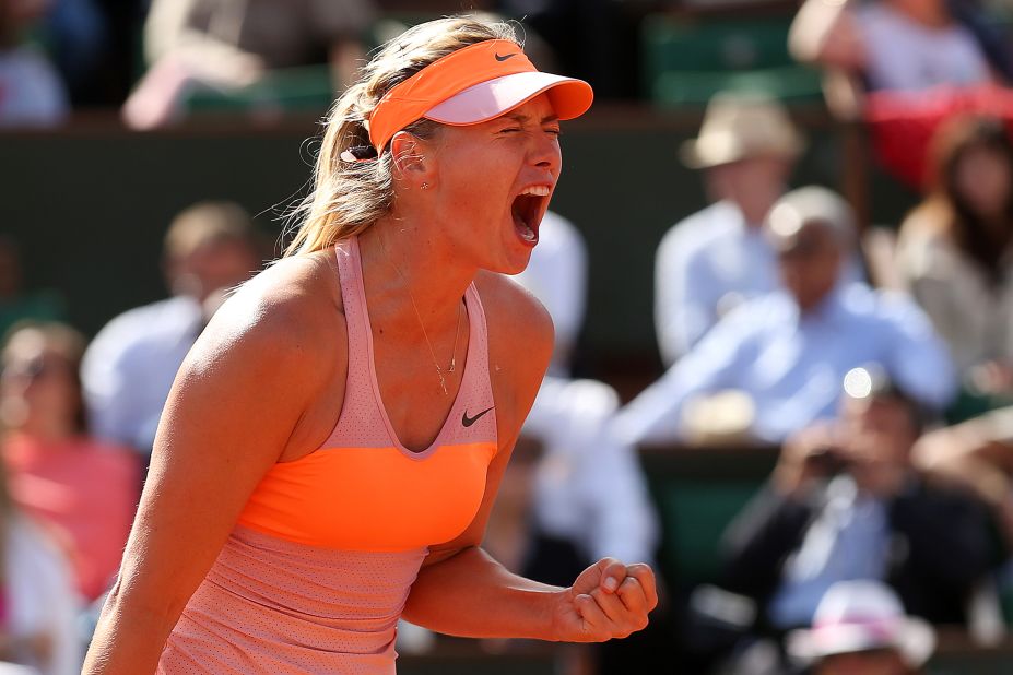 Maria Sharapova in typical pose on her way to winning her semifinal match against Eugenie Bouchard at the French Open.