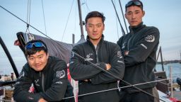 Chinese sailors Jiru Yang (Wolf), Jin Hao Chen (Horace) and Kong Chen Cheng (Kong) pose dockside in Newport ahead of their first ever transatlantic crossing. Sam Greenfield/Volvo Ocean Race