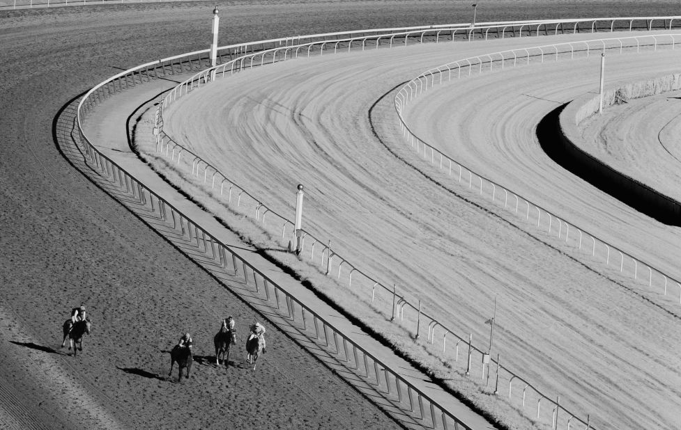 Belmont Park is known as "The Big Sandy" due to its sandy dirt terrain, highlighted by this infrared filter.