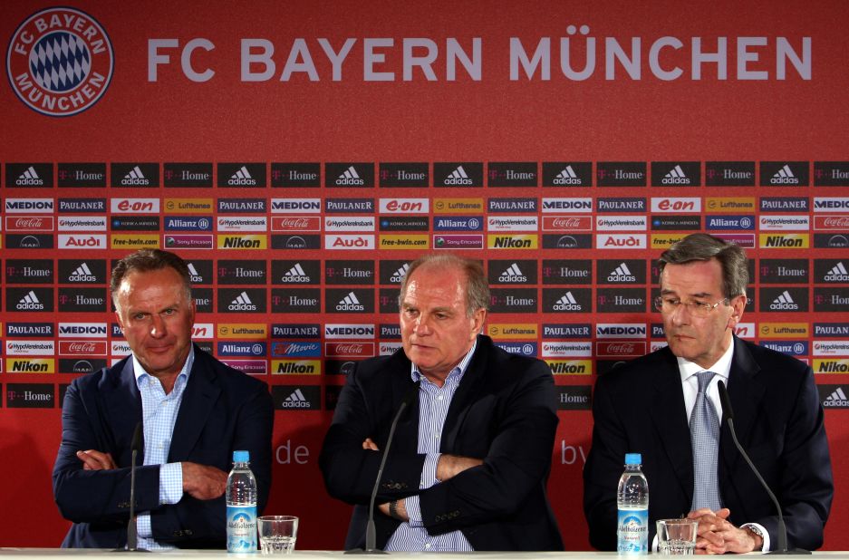 Klinsmann didn't last one season at Bayern, and was fired in April 2009 and replaced by Jupp Heynckes. Here Bayern CEO Karl-Heinz Rummenigge (left) addresses the media with club manager Uli Hoeness and fellow executive Karl Hopfner (right). 