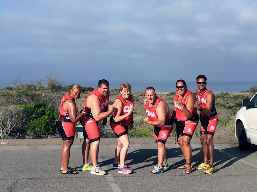The Fit Nation team completed a mock triathlon on their last day, racing against each other for bragging rights. From left: Karen Manns, Mike Wilber, Connie Sievers, Ron Cothran, Sia Figiel and Jamil Nathoo. Nathoo crossed the finish line first. 