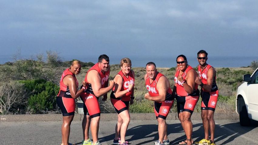 The Fit Nation team completed a mock triathlon on their last day, racing against each other for bragging rights. From left: Karen Manns, Mike Wilber, Connie Sievers, Ron Cothran, Sia Figiel and Jamil Nathoo.