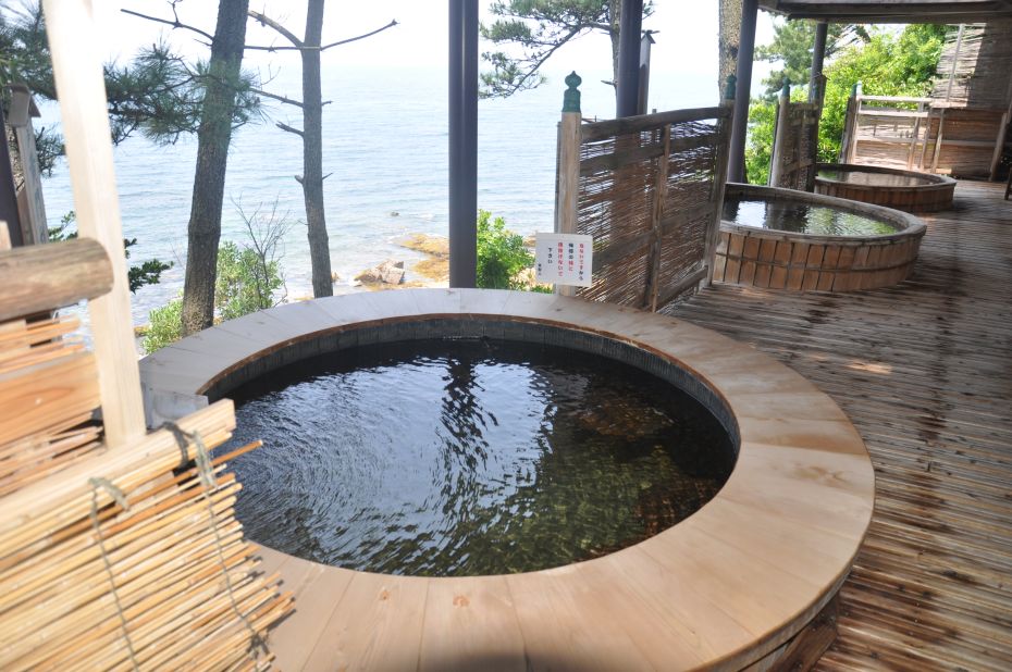 Shirahama's Hotel Seamore features open-air bathtubs made out of used pickled apricot barrels and filled with natural onsen water.  