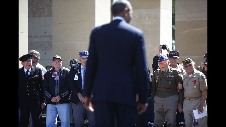 World War II veterans listen to President Barack Obama at the Normandy American Cemetery on June 6.