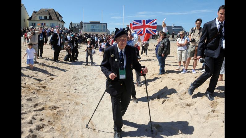 A Norwegian World War II veteran arrives for a joint French-Norwegian D-Day ceremony in Hermanville-sur-Mer, France.