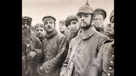 German and British troops are seen together during the Christmas Truce of 1914.