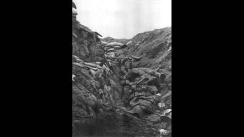 Dead bodies lie piled in a trench at Verdun on April 9, 1916.