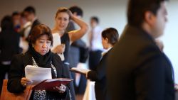 Job seekers wait in line to meet with recruiters during a HireLive career fair on June 4, 2014 in San Francisco, California. According to a report by payroll processor ADP, 179,000 private sector jobs were added in May, falling short of economists expectations of 215,000. 