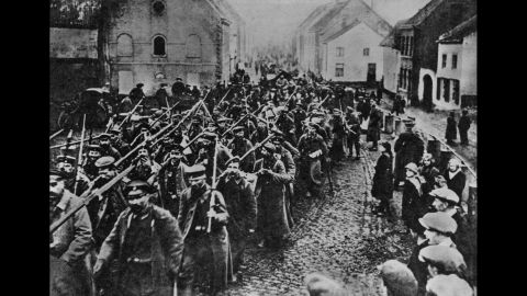 A defeated German army marches home on October 1, 1918. 